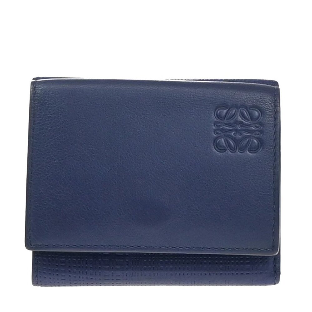 LOEWE Logo Trifold Compact Wallet Leather Navy Blue Made In Spain
